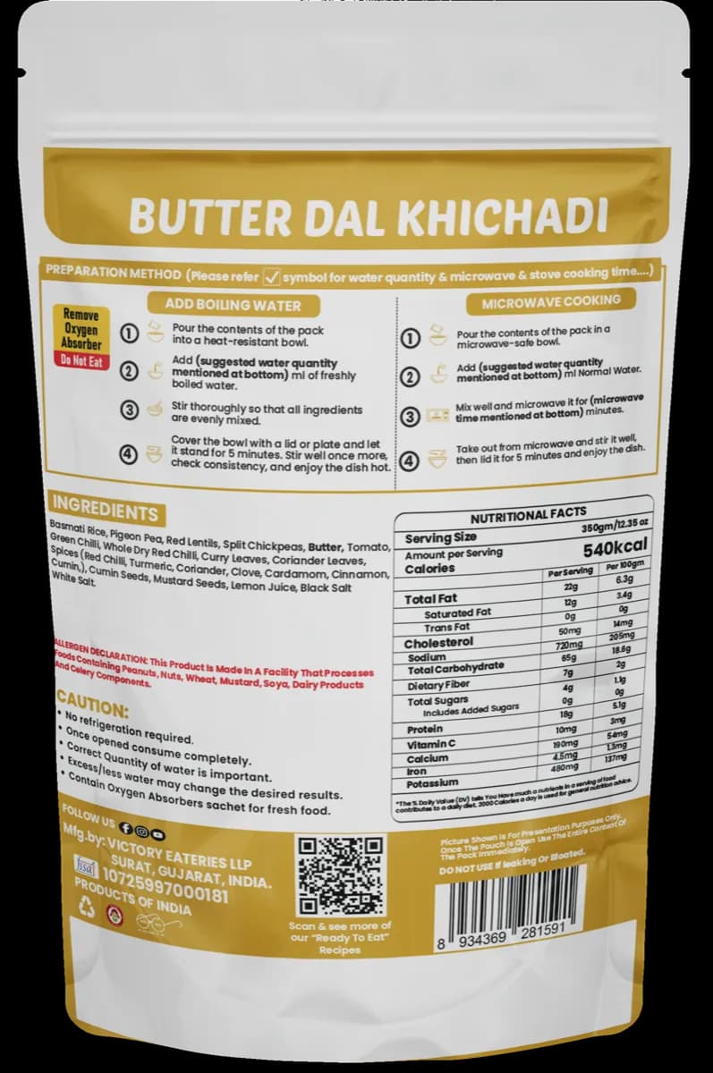 Butter Dal Khichdi (Jain) — back of pack