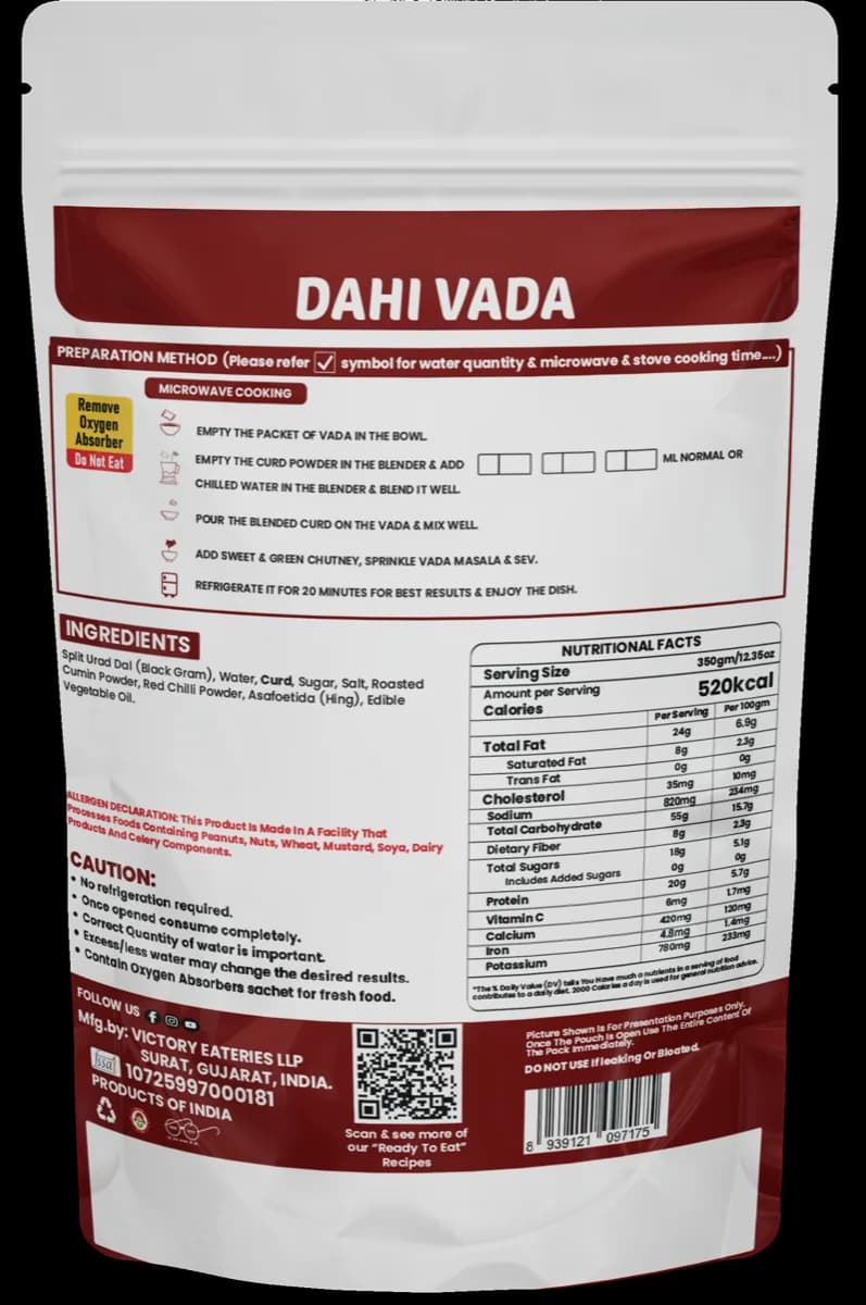 Dahi Vada (Jain) — back of pack