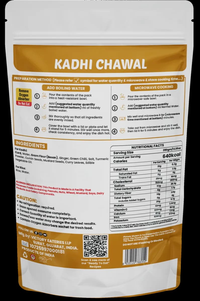 Kadhi Chawal (Punjabi) — back of pack
