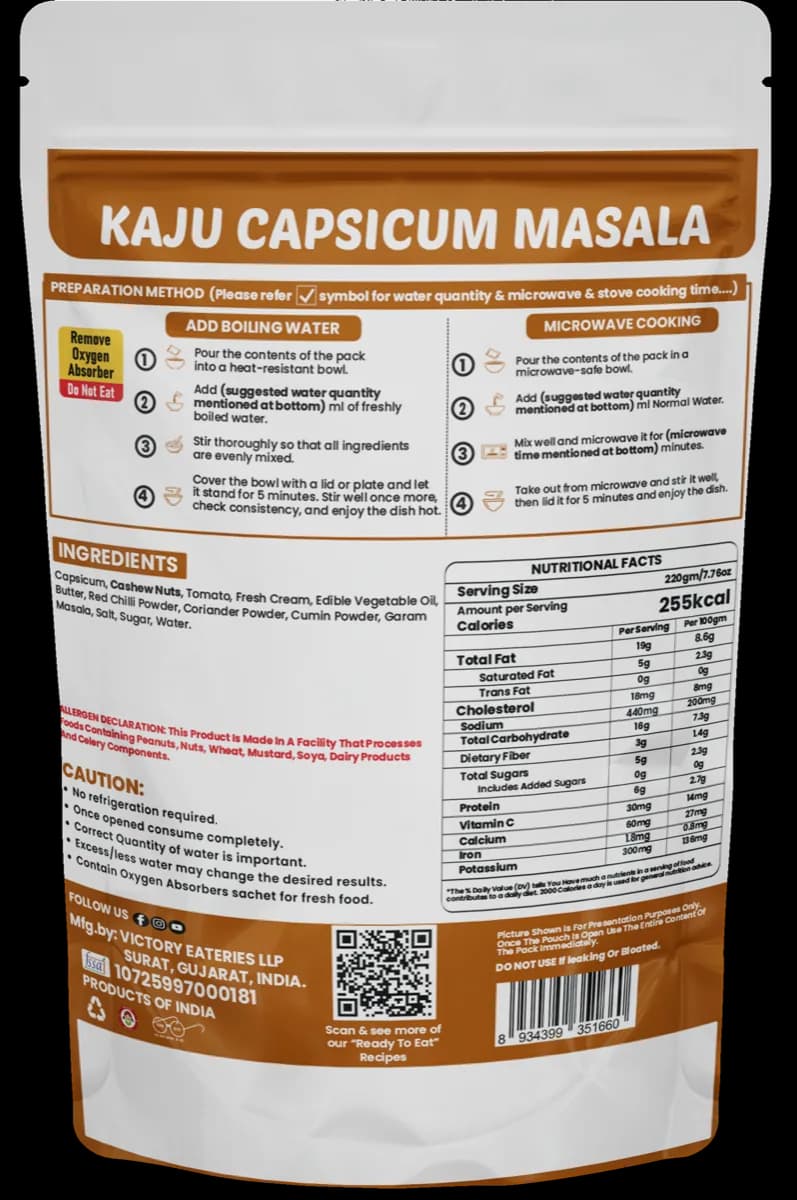 Kaju Capsicum Masala (Jain) — back of pack