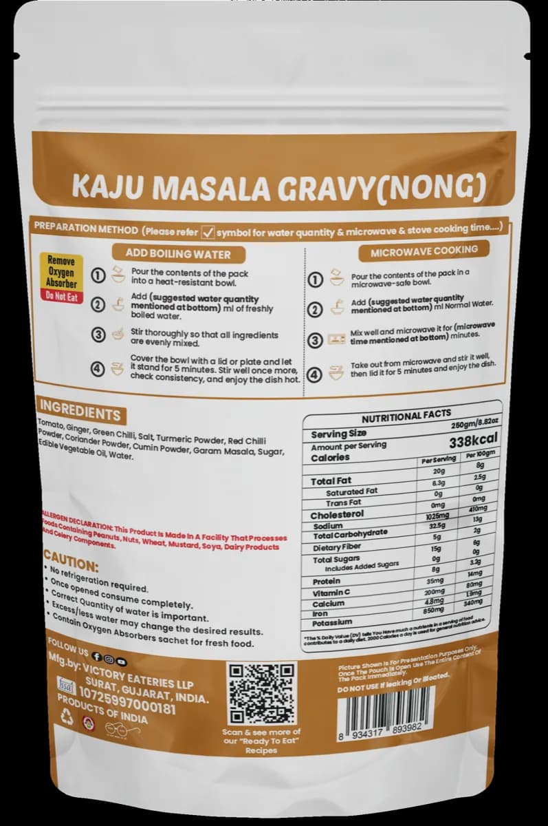 Kaju Masala Gravy (Without Kaju) — back of pack