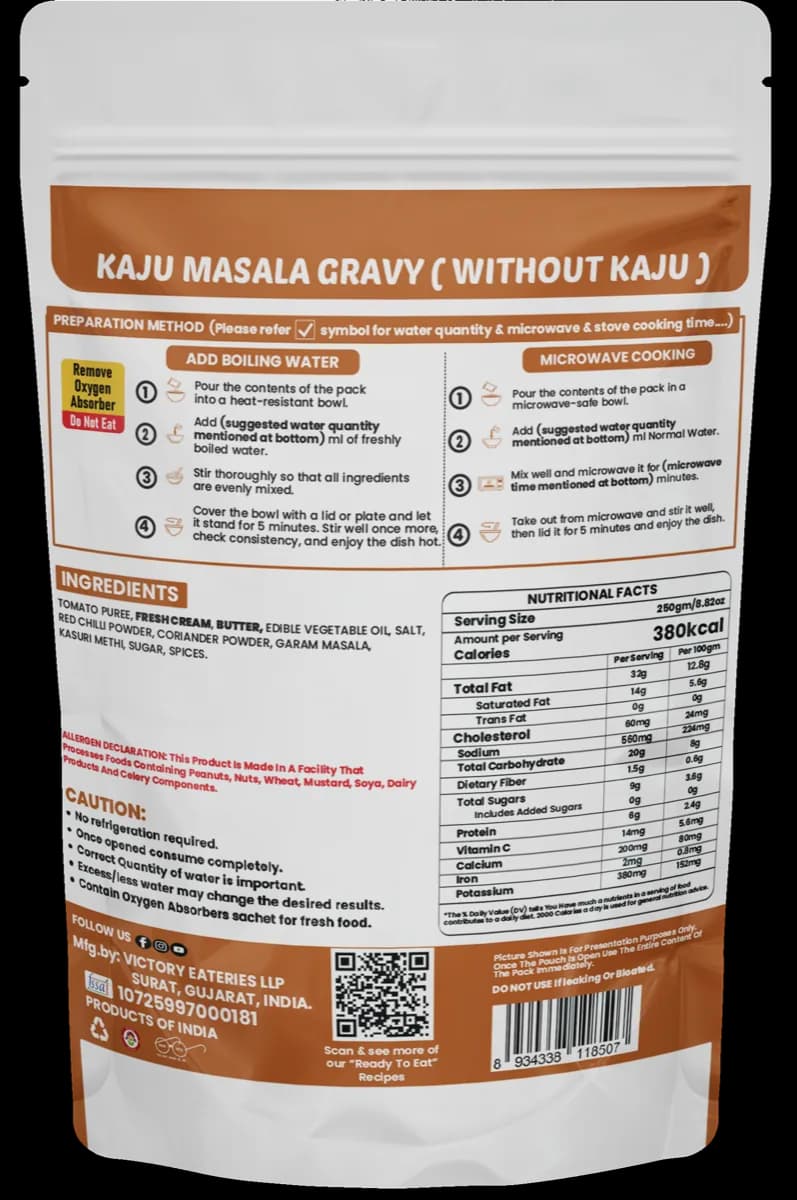 Kaju Masala Gravy (Without Kaju) (Jain) — back of pack