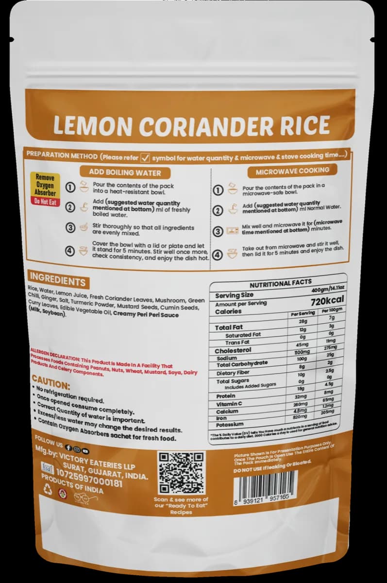 Lemon Coriander Rice — back of pack