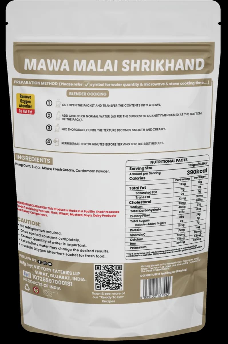Mawa malai Shrikhand — back of pack