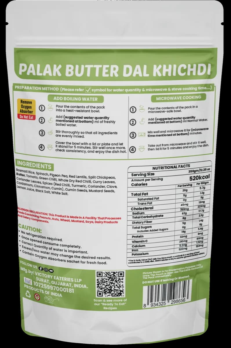 Palak butter dal khichdi (Jain) — back of pack
