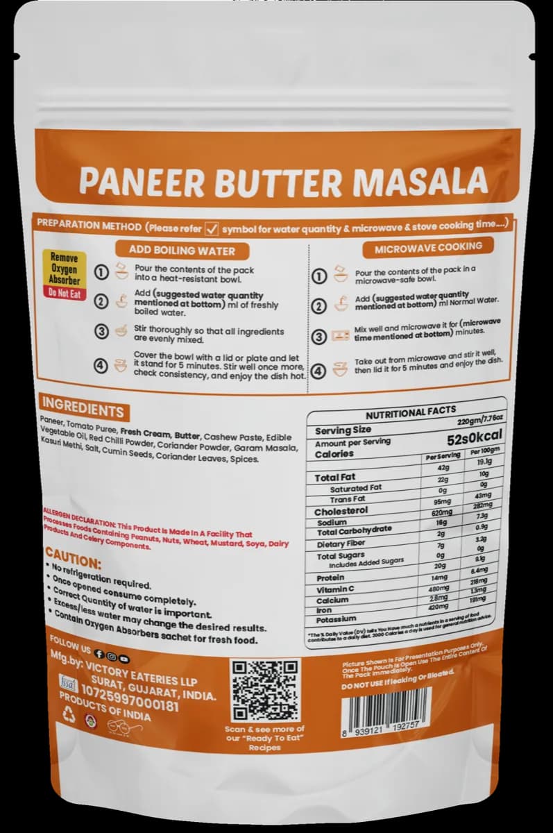 Paneer Butter Masala (Jain) — back of pack
