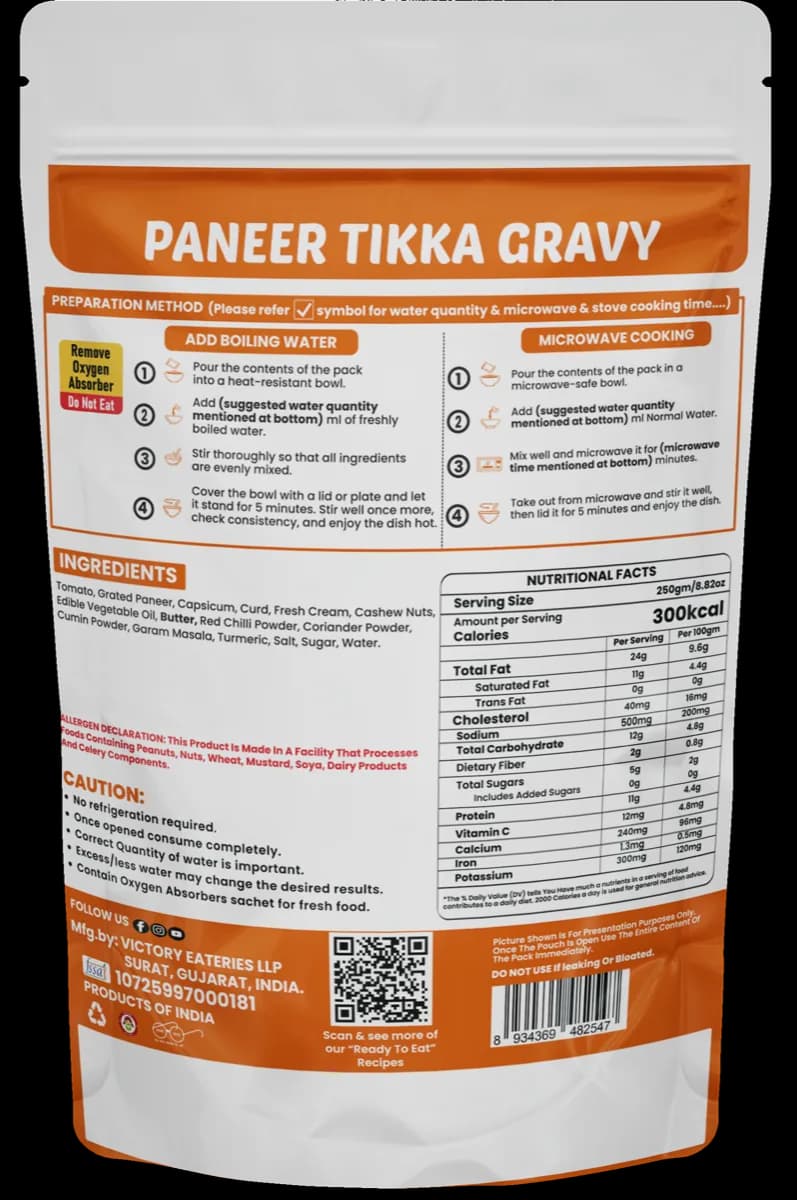 Paneer Tikka Gravy (Without Paneer) (Jain) — back of pack
