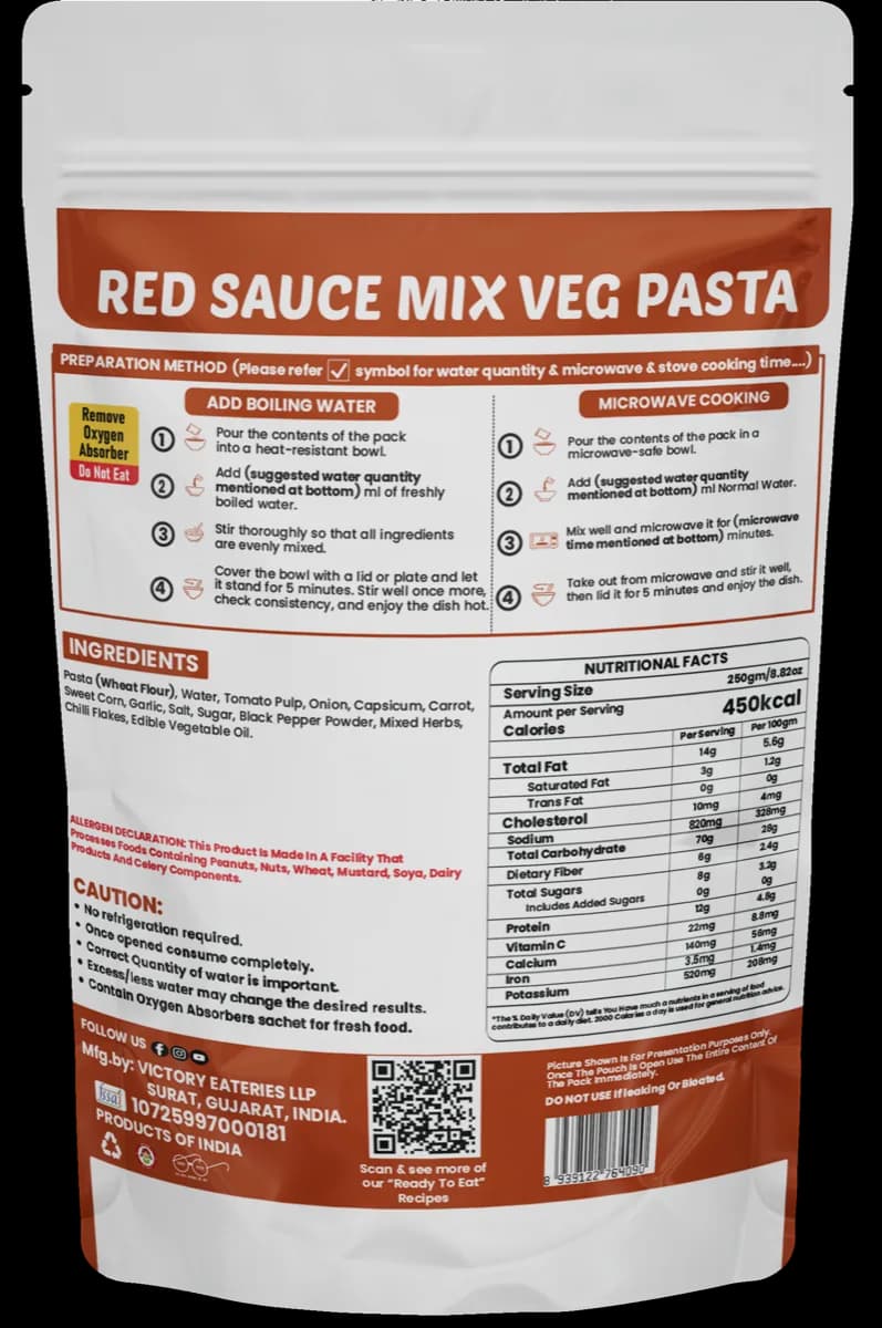 Red Sauce Mix Veg Pasta — back of pack