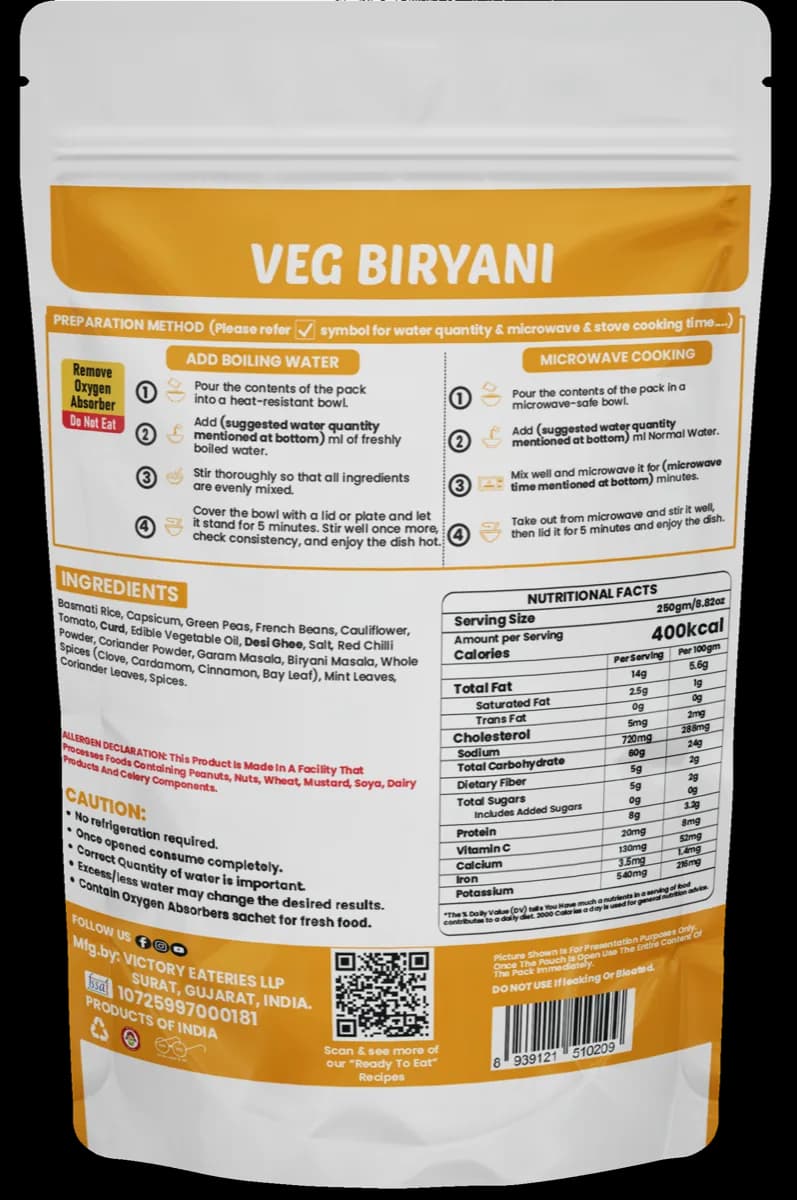 Veg Biryani (Jain) — back of pack