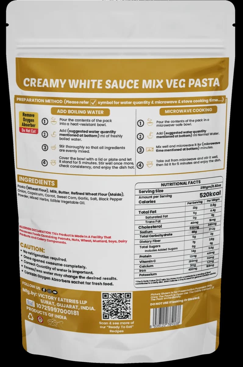 Creamy White Sauce Mix Veg Pasta — back of pack