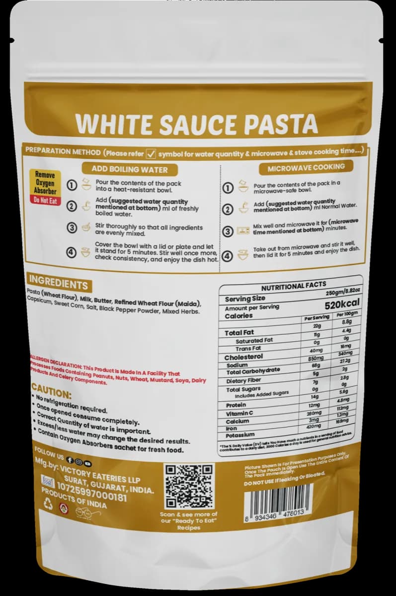 Creamy White Sauce Mix Veg Pasta (Jain) — back of pack