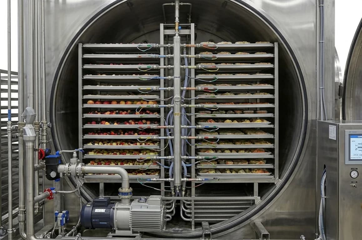 Trays of fruit loaded into RationWrap's industrial freeze-drying chamber