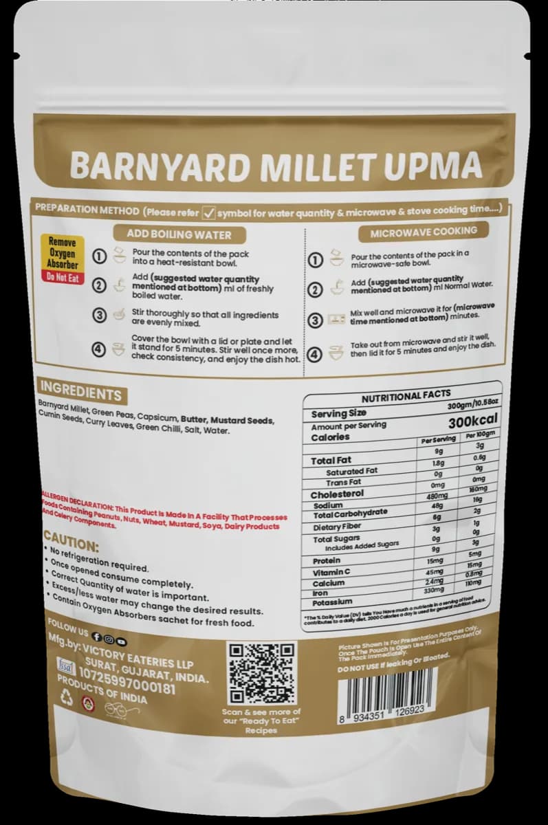 Barnyard Millet Upma (Jain) — back of pack
