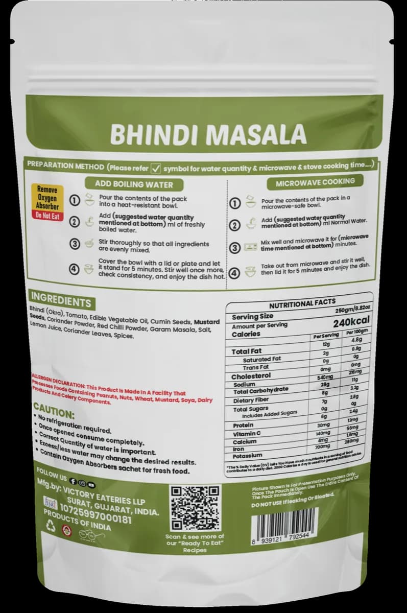 Bhindi Masala (Jain) — back of pack