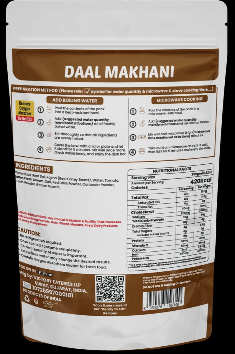 Dal Makhani (Jain) — back of pack