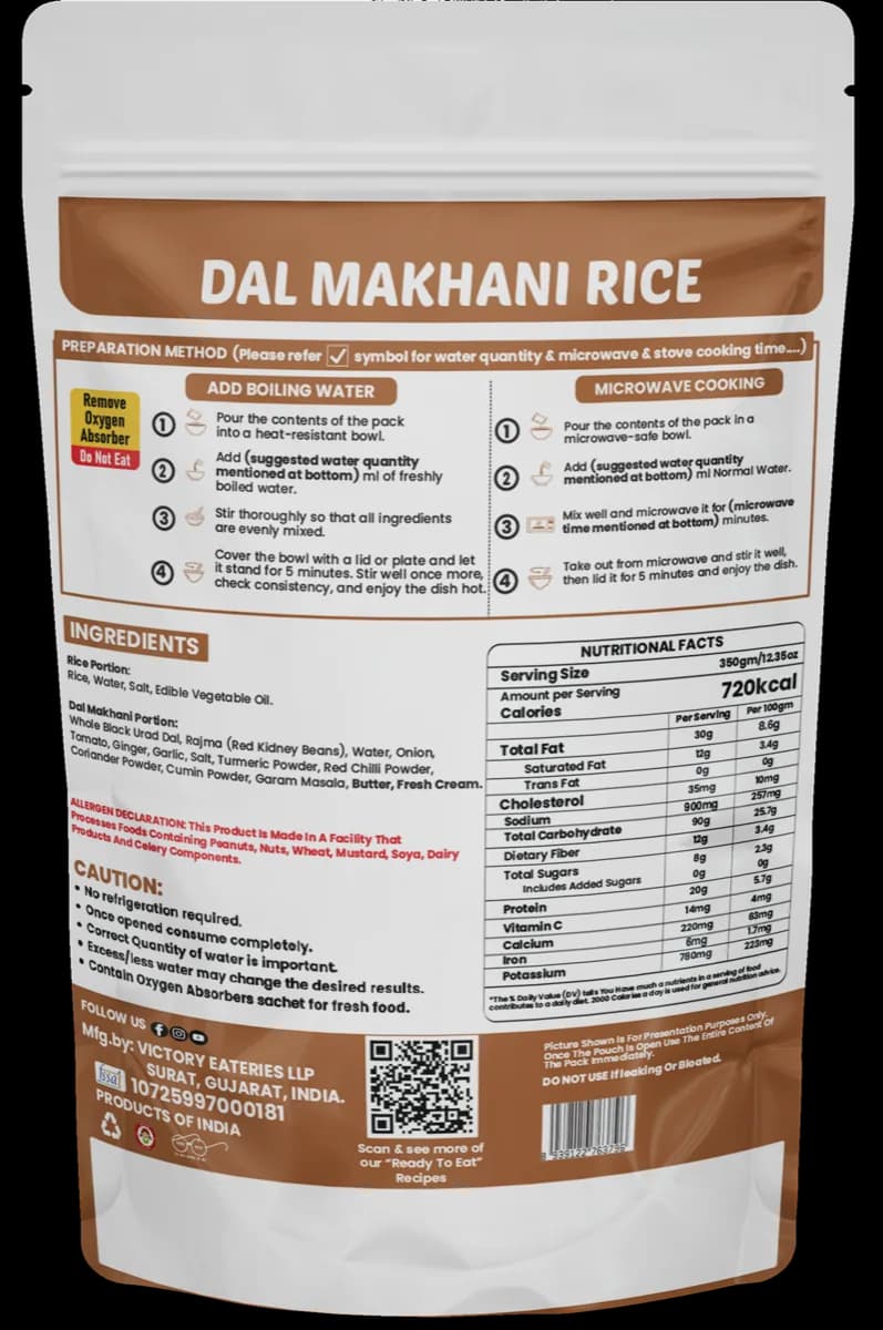 Dal Makhani Rice — back of pack