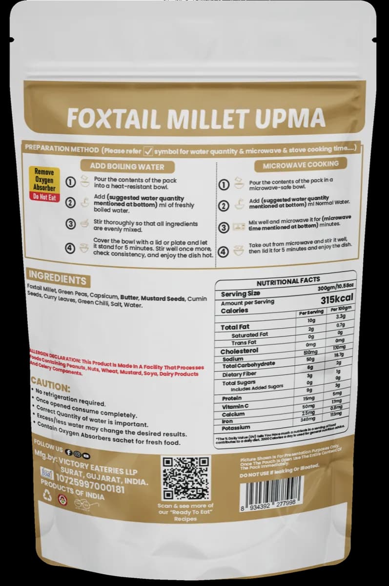 Foxtail Millet Upma (Jain) — back of pack