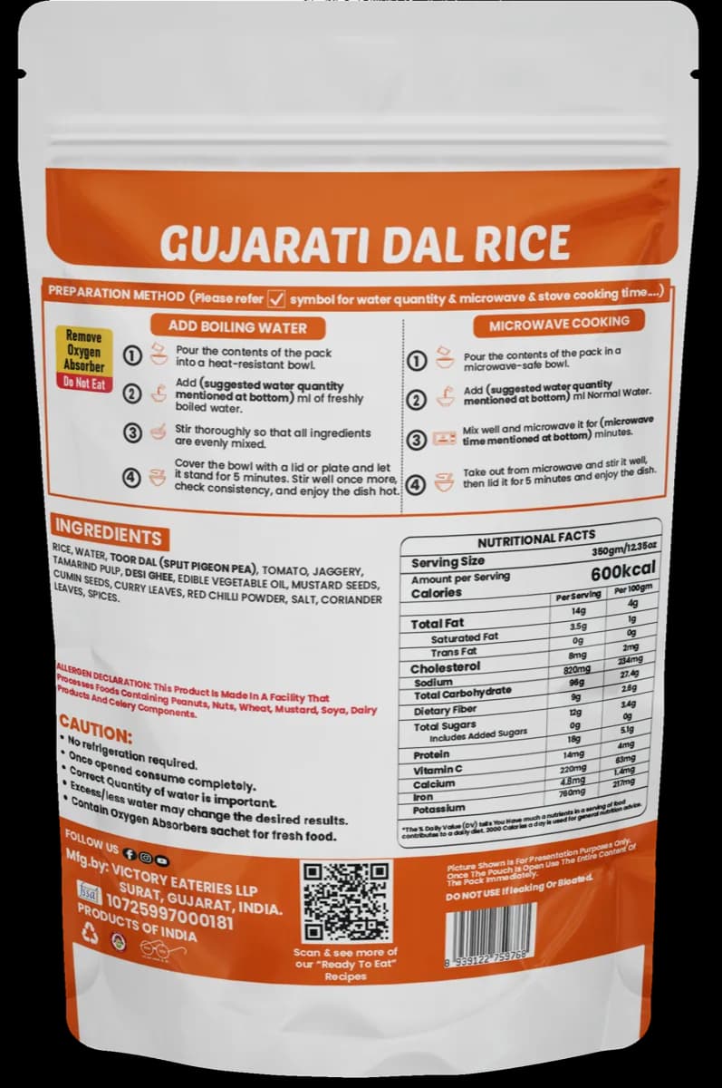 Gujarati Dal Rice (Jain) — back of pack
