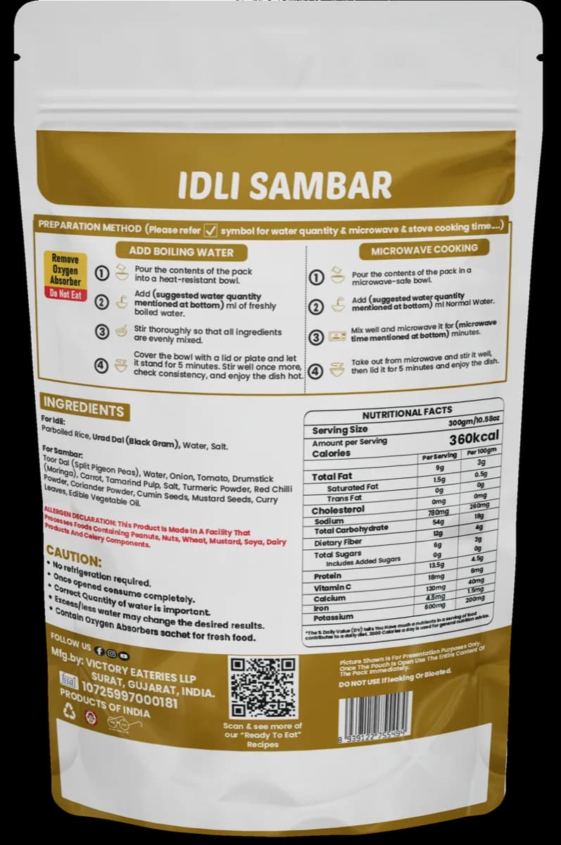 Idli Sambar — back of pack