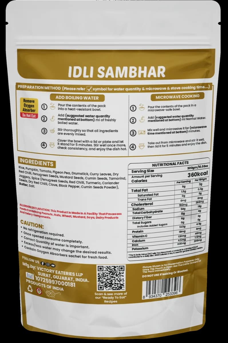 Idli Sambar (Jain) — back of pack