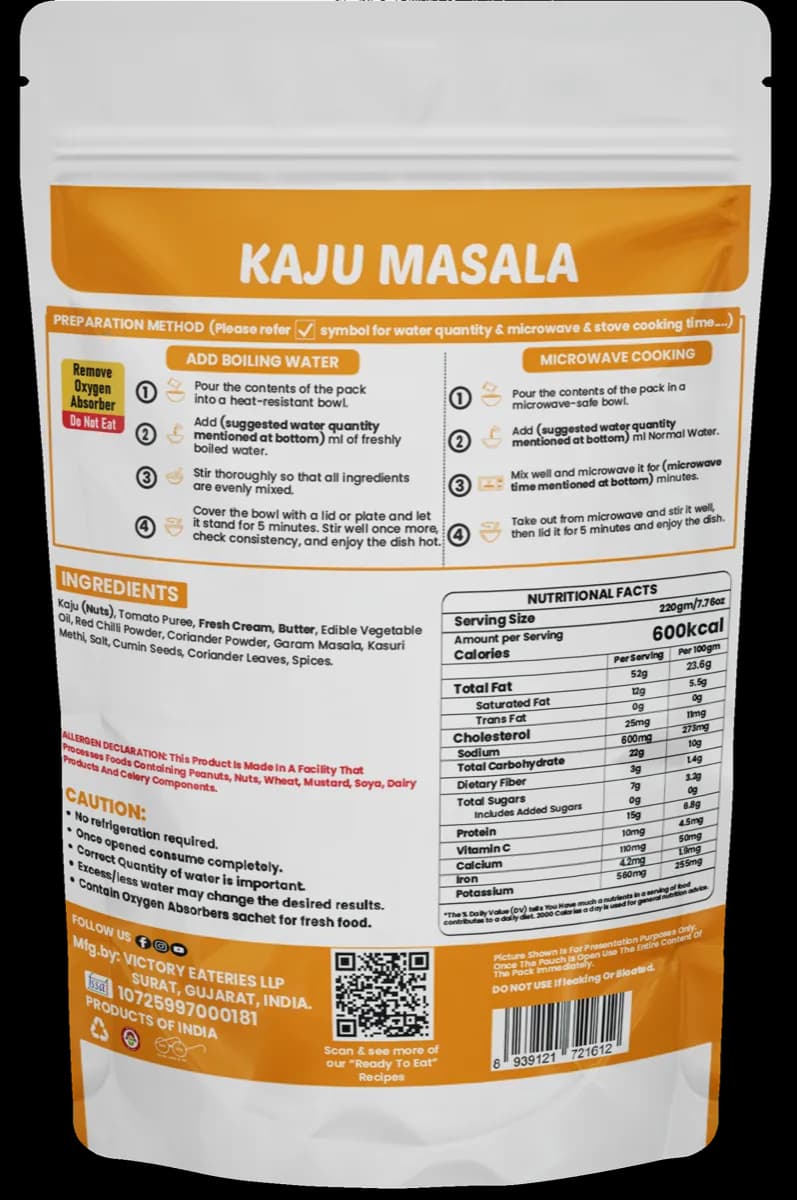 Kaju Masala (Jain) — back of pack