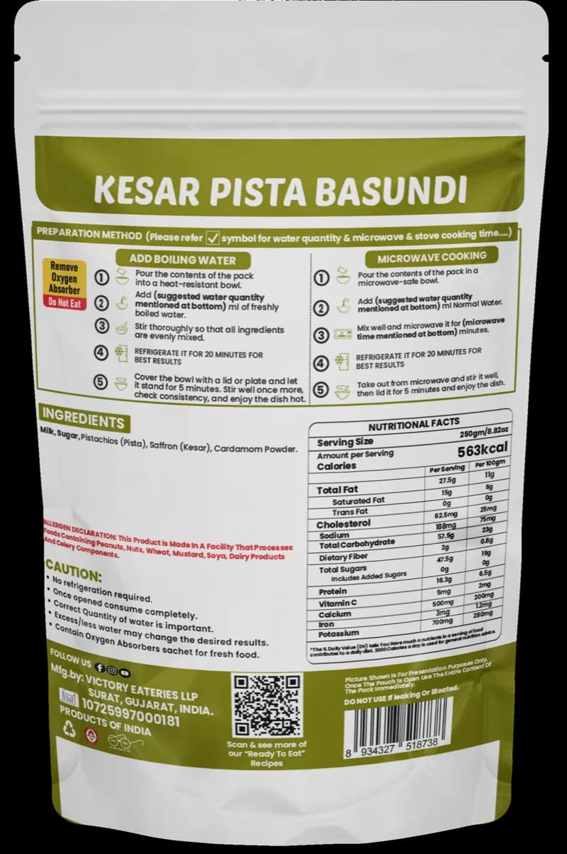 Kesar Pista Basundi — back of pack