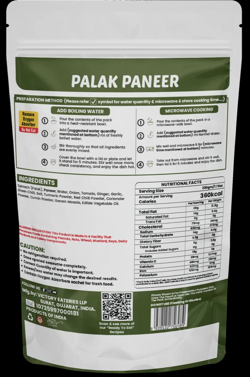 Palak Paneer — back of pack