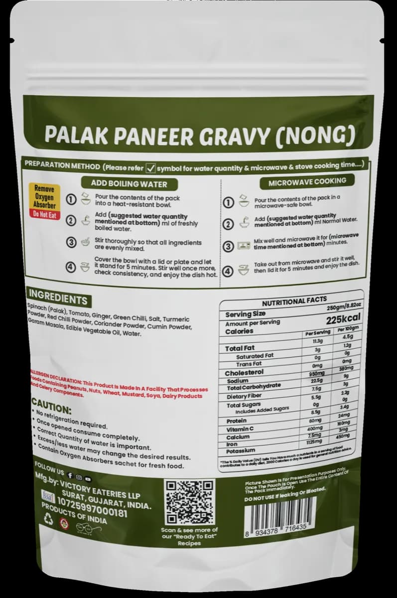 Palak Paneer Gravy (Without Paneer) — back of pack