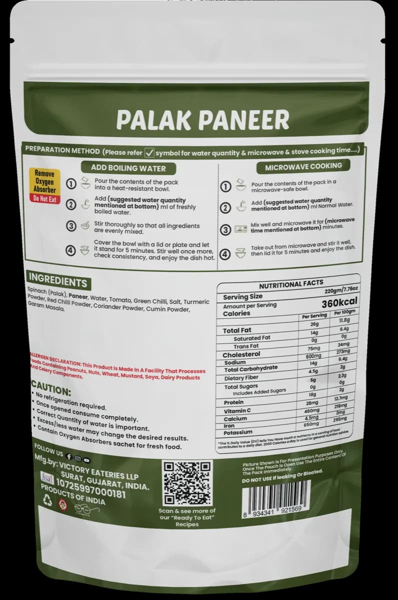 Palak Paneer (Jain) — back of pack