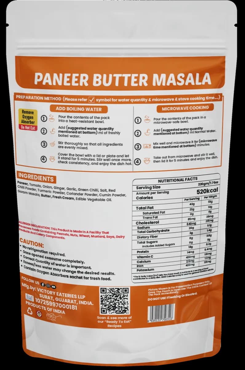 Paneer Butter Masala — back of pack