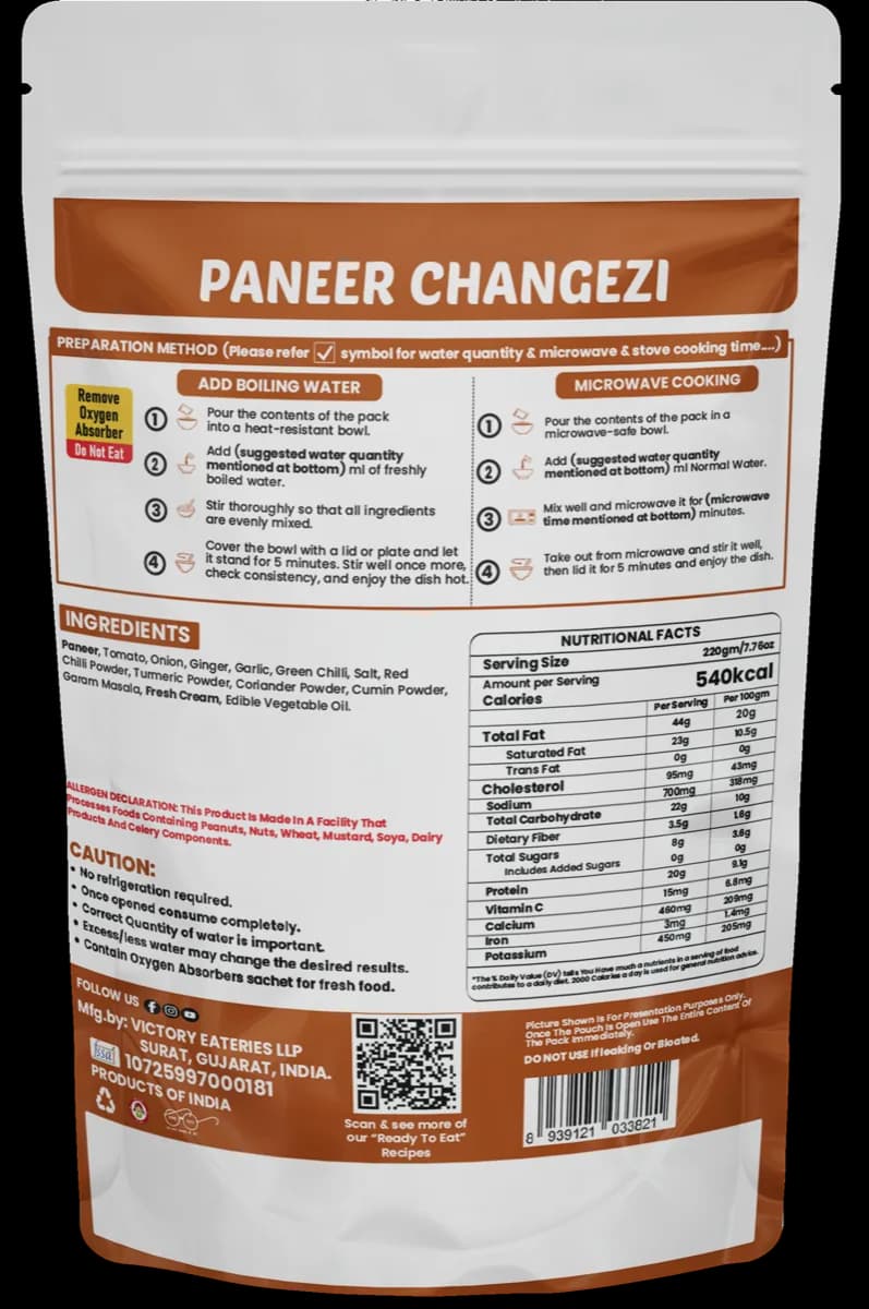 Paneer Changezi — back of pack