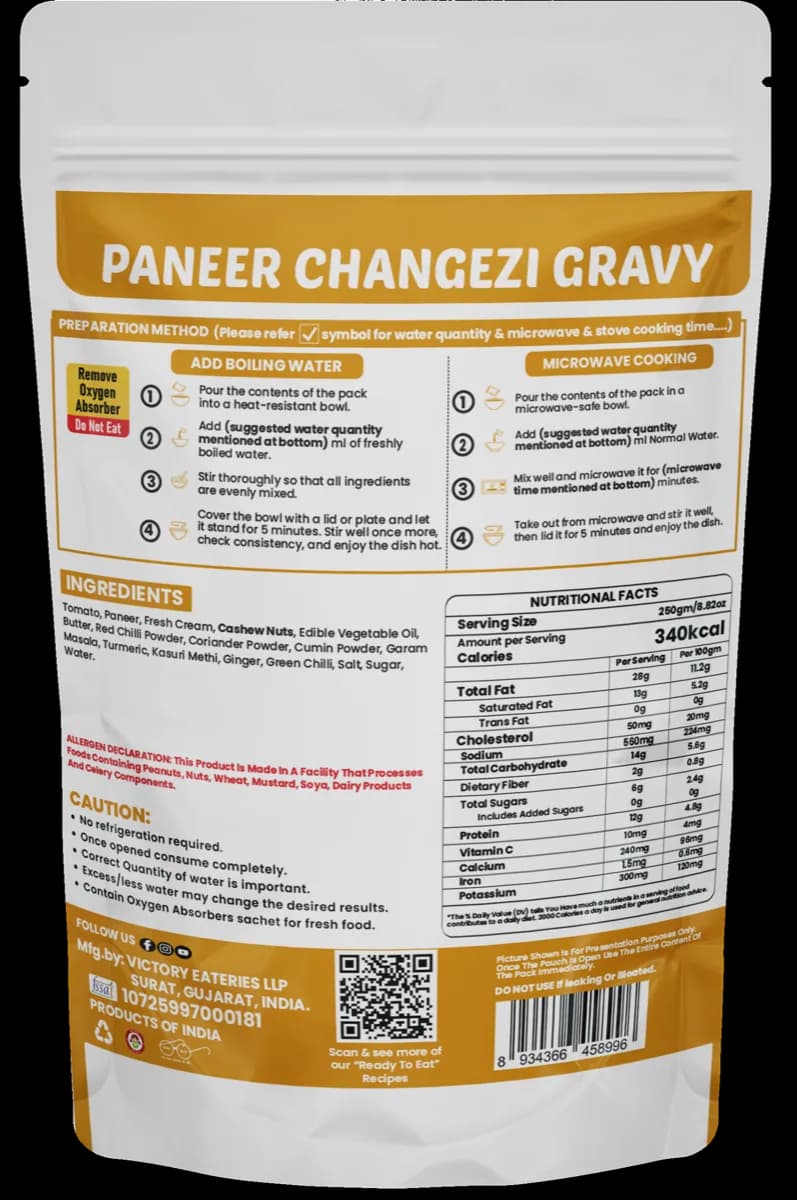 Paneer changezi gravy — back of pack