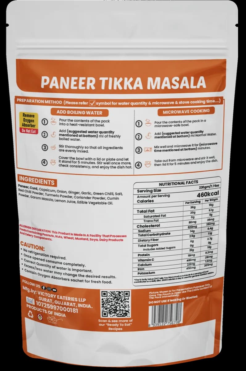 Paneer Tikka Masala — back of pack