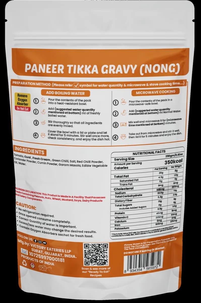 Paneer Tikka Gravy (Without Paneer) — back of pack