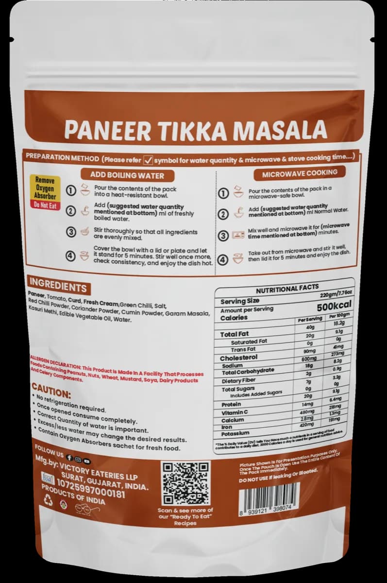 Paneer Tikka Masala (Jain) — back of pack