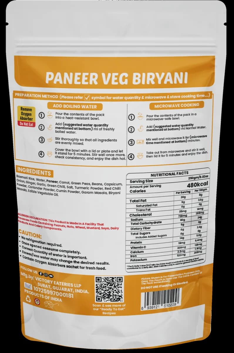 Paneer Veg Biryani — back of pack