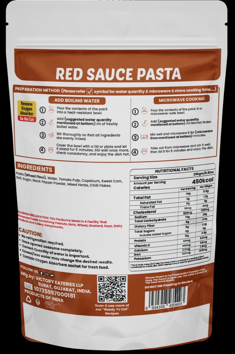 Red Sauce Mix Veg Pasta (Jain) — back of pack
