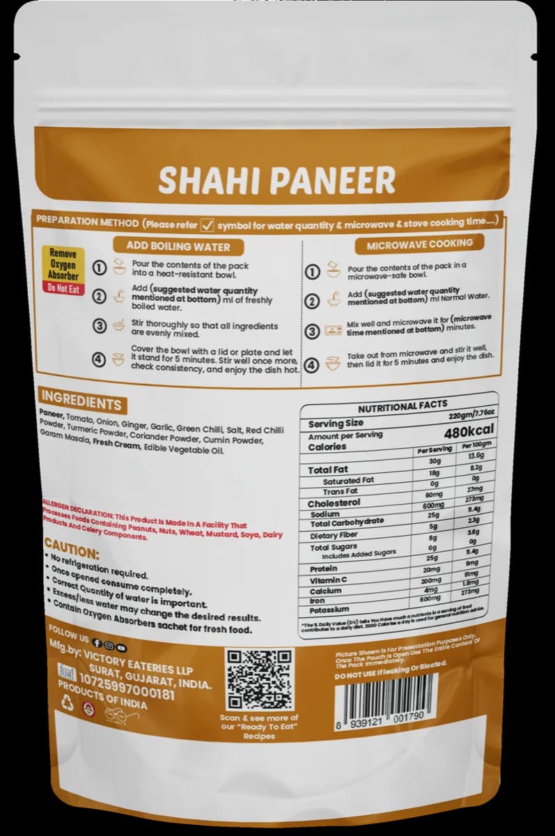 Shahi Paneer — back of pack