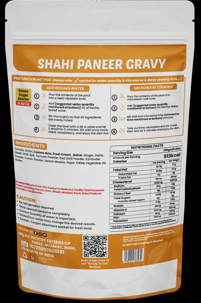 Shahi Paneer Gravy (Without Paneer) — back of pack