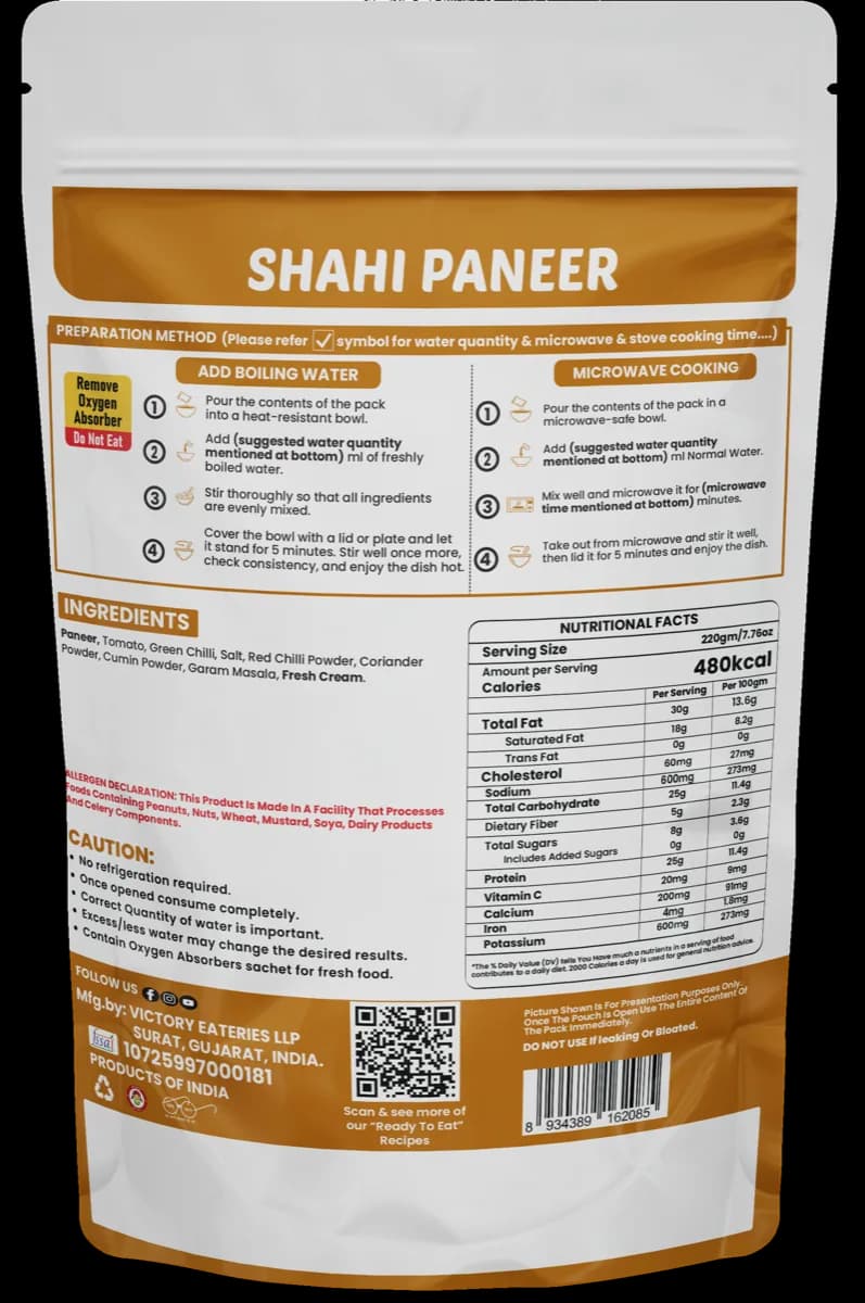 Shahi Paneer (Jain) — back of pack