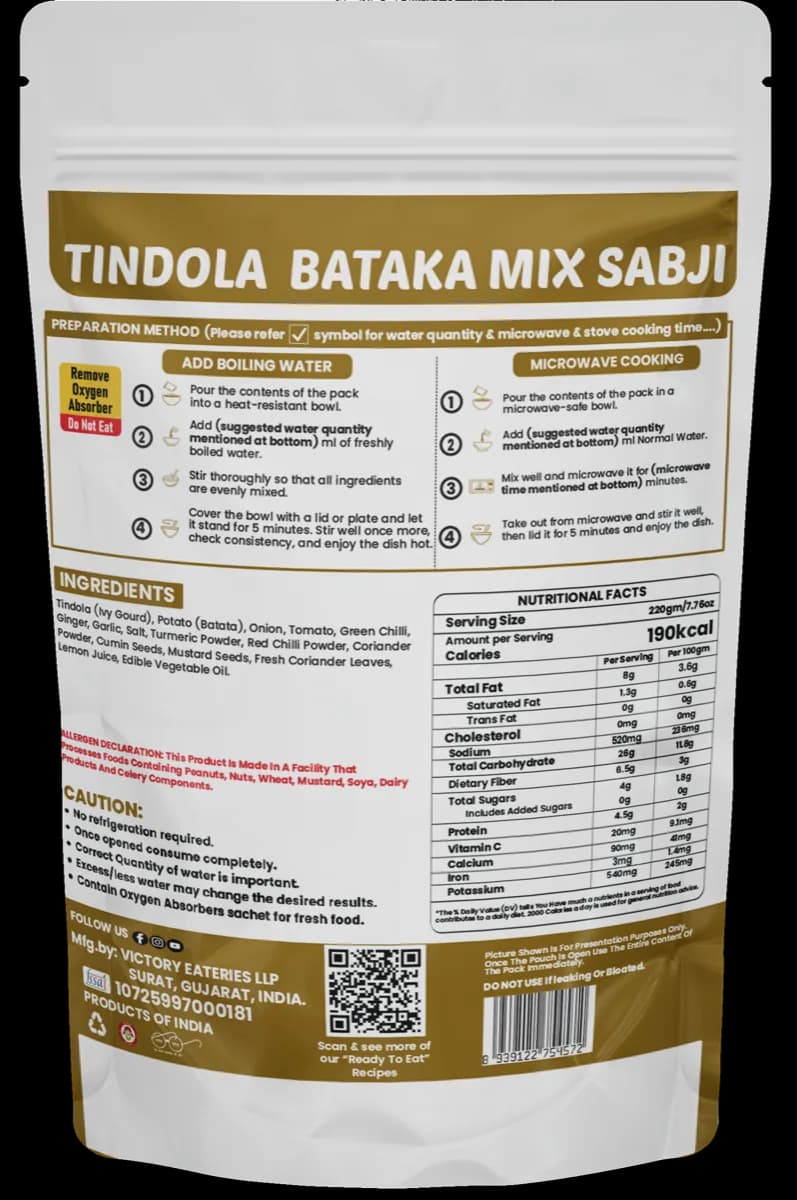 Tindora Batata Sabji — back of pack
