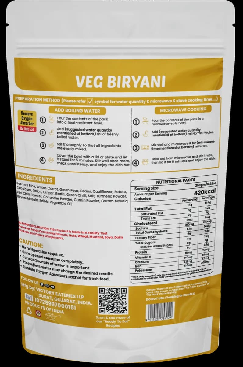 Veg Biryani — back of pack
